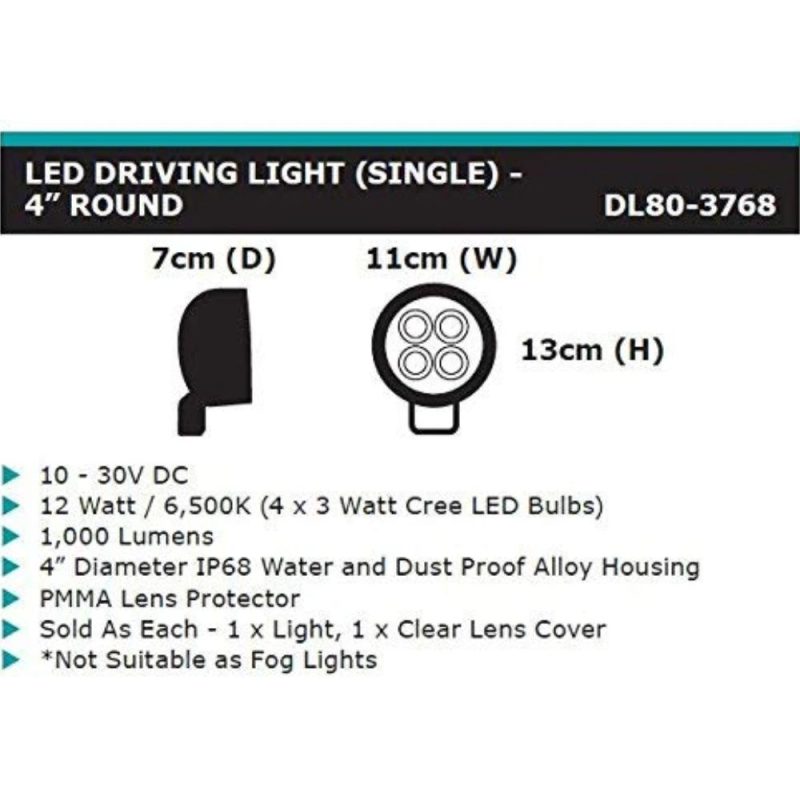 Dobinsons 4×4 12 WATT 1000 LUMENS 4" Round Single LED Driving Light DL80-3768