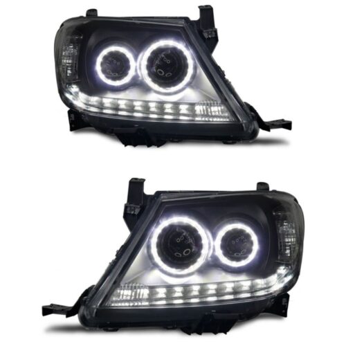 Smoke LED Headlights DRL HALO Projector Angel Eyes For Toyota Hilux 2005-2011 Pair